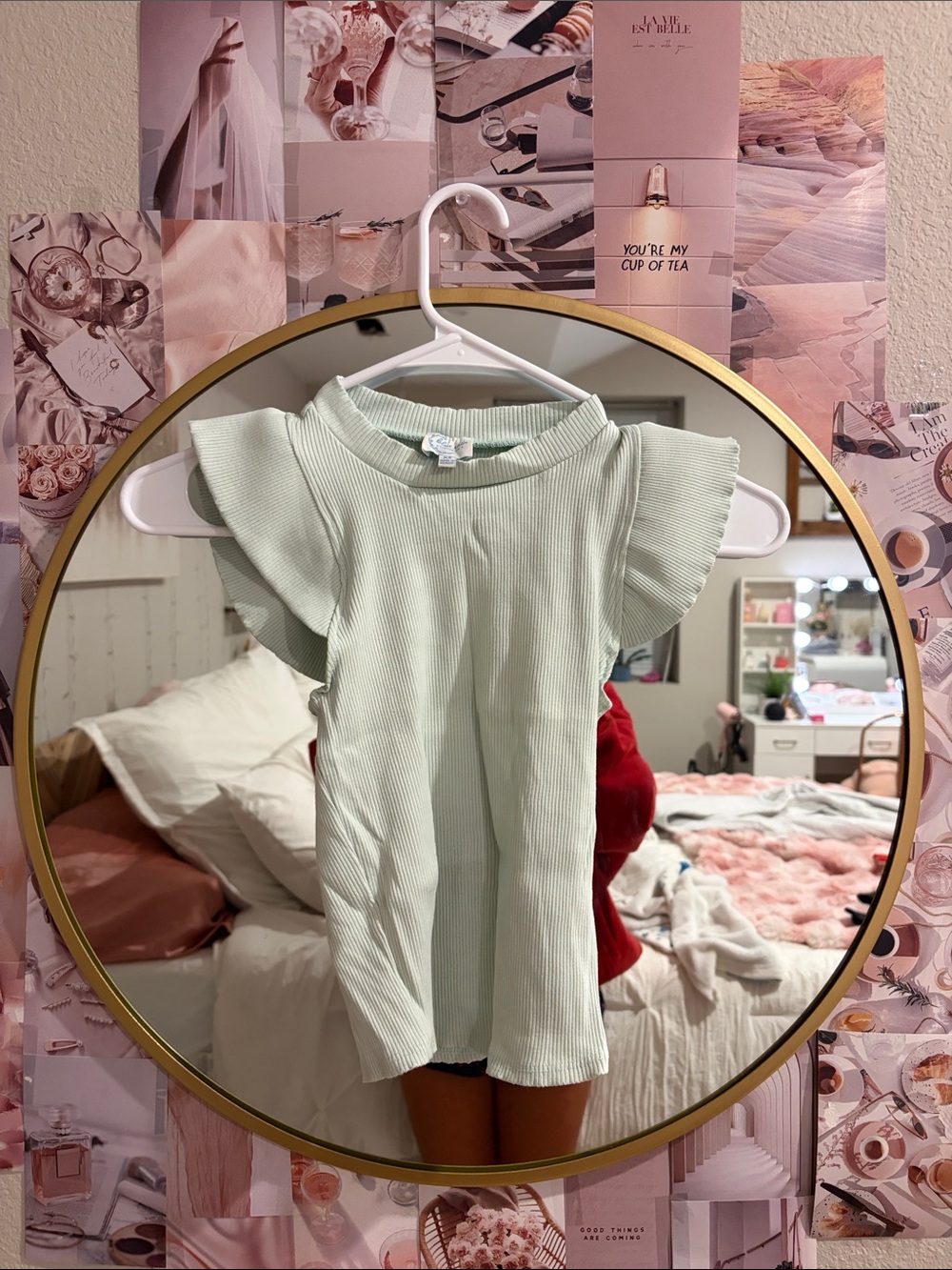 Francesca's Collections Mint Green Ruffle Sleeve Ribbed Top